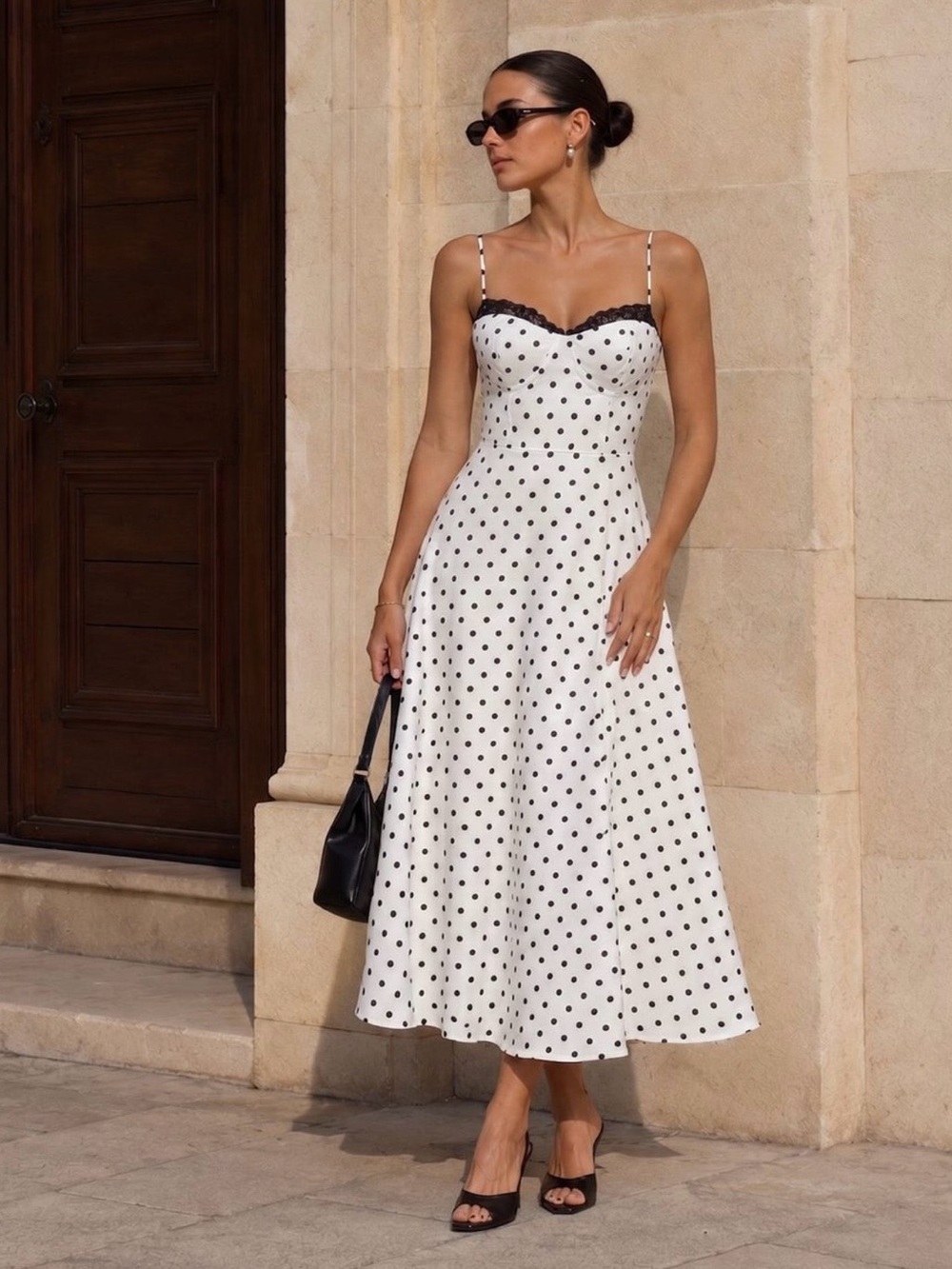 Commense Polka Dot Maxi Dress with Black Lace Trim Cami